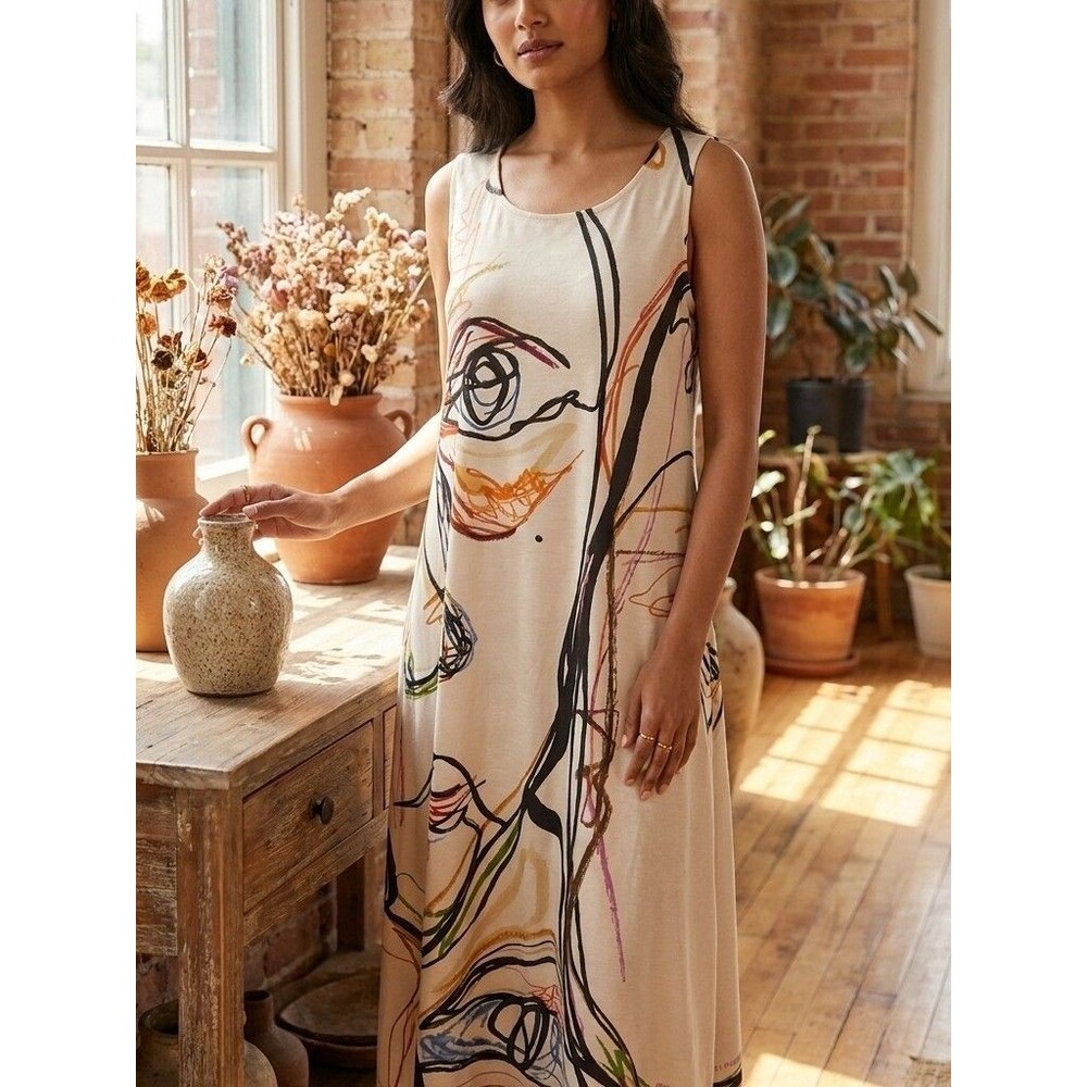 Abstract Face Print Khaki Maxi Dress Size M